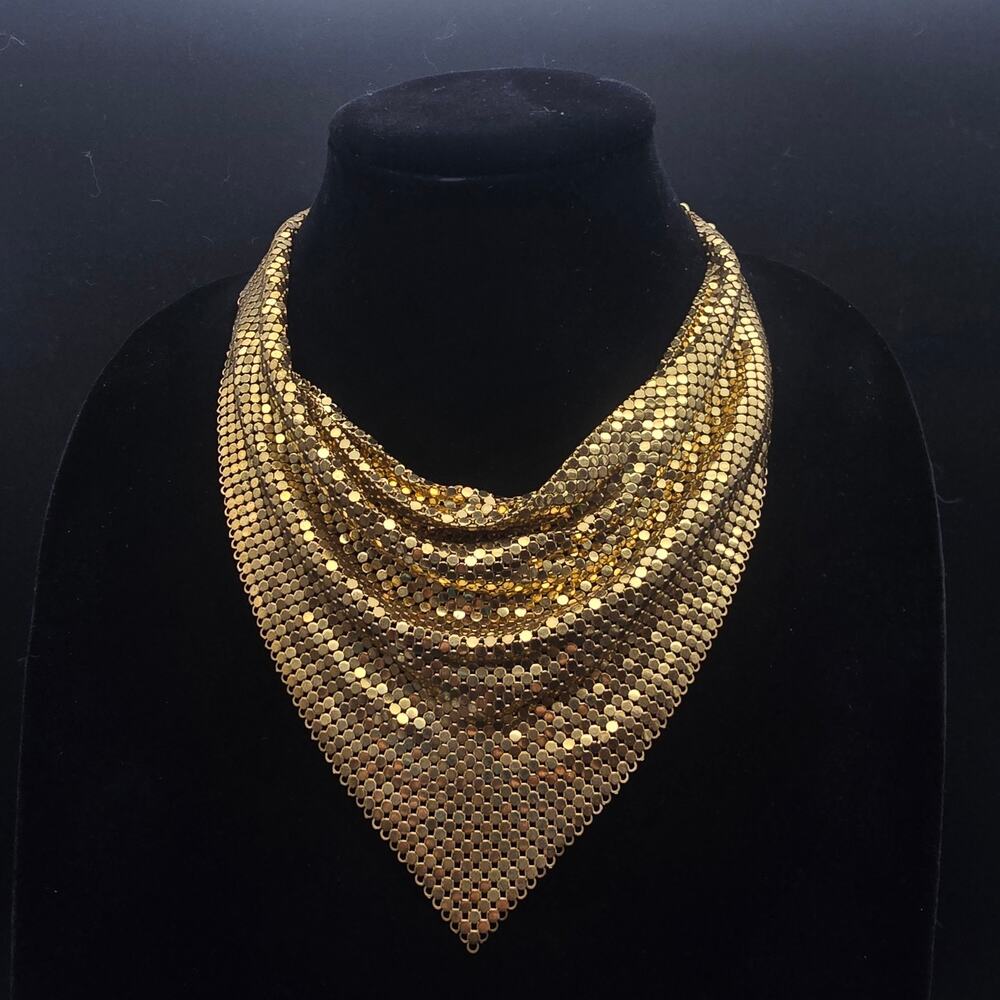 Vintage Gold Tone Mesh Cowl Necklace Bib Statement Dramatic Triangular
